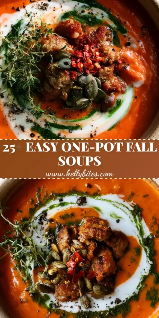 A top-down view of a creamy roasted butternut squash soup in a rustic pot with a cream swirl, sausage, and herb oil, illustrating fall soups and stews.