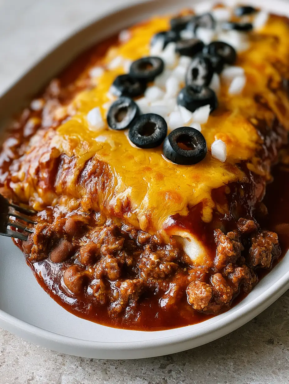 Close-up smartphone photo of a homemade Taco Bell Enchirito with melted cheddar cheese and black olives. (Enchirito)