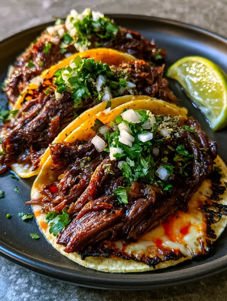 Detailed shot of corn tortillas seared with lacey edges of melted Oaxaca cheese and topped with shredded beef. (shredded beef tacos)