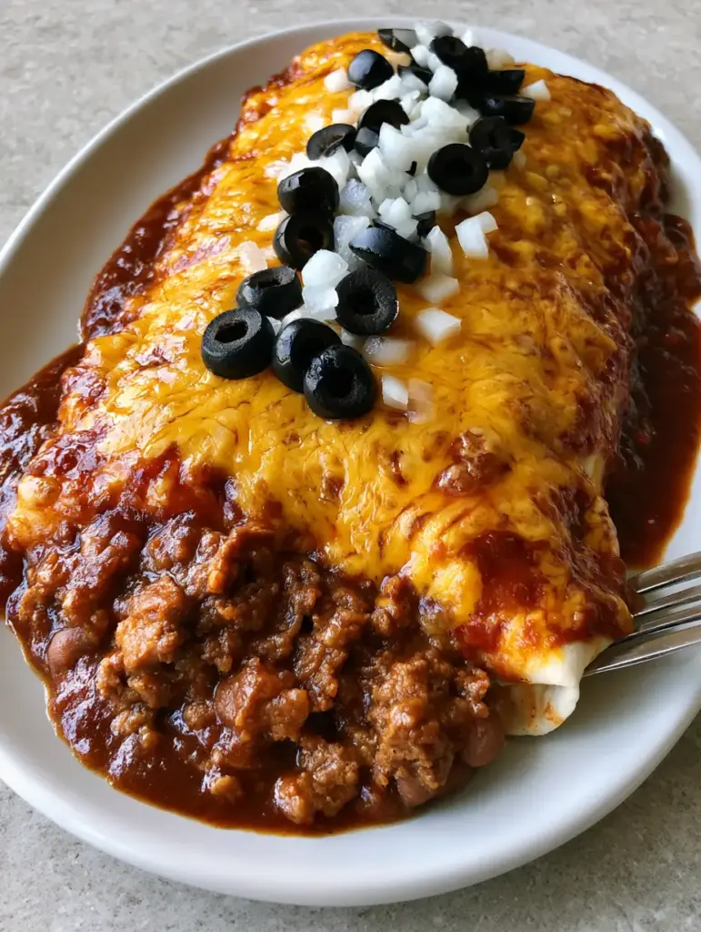 A fork lifting a piece of Enchirito to reveal the steamy beef and bean interior on a white plate.