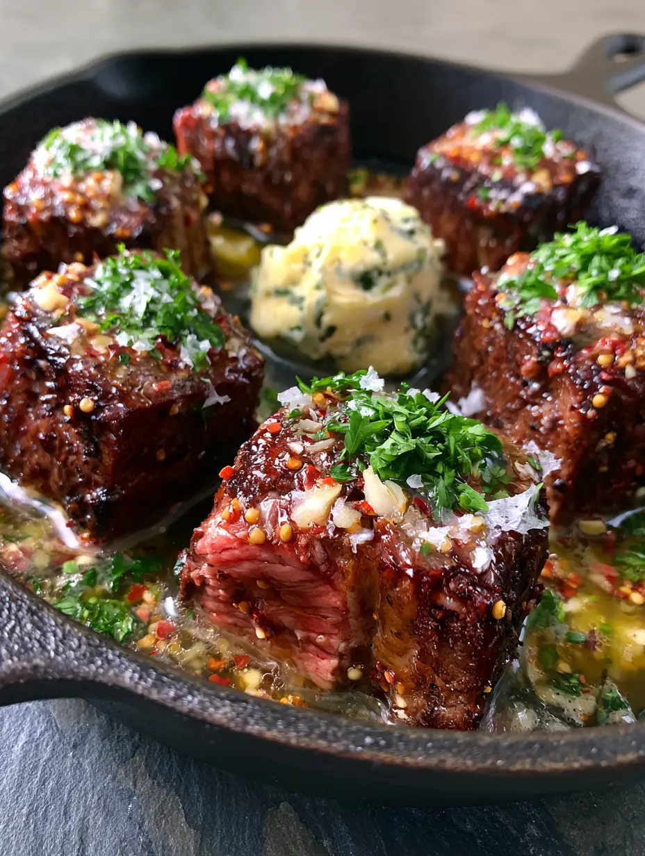 Sizzling golden-seared ribeye steak cubes drizzled with shimmering butter and garlic in a cast iron pan. (cowboy butter steak bites)