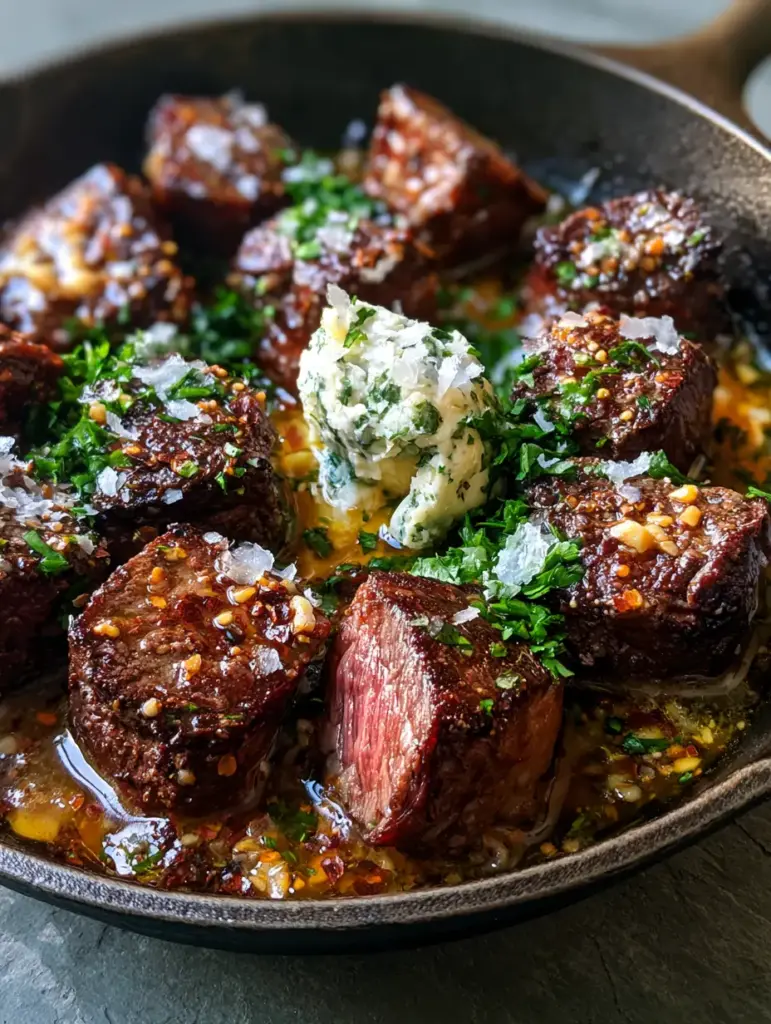 Steak bites in a skillet topped with a dollop of herb butter and fresh parsley garnish.