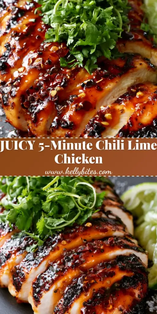 A vertical pin image showing sliced grilled chicken breasts with a glossy Chili Lime Marinade glaze, garnished with cilantro and lime zest on a dark plate.