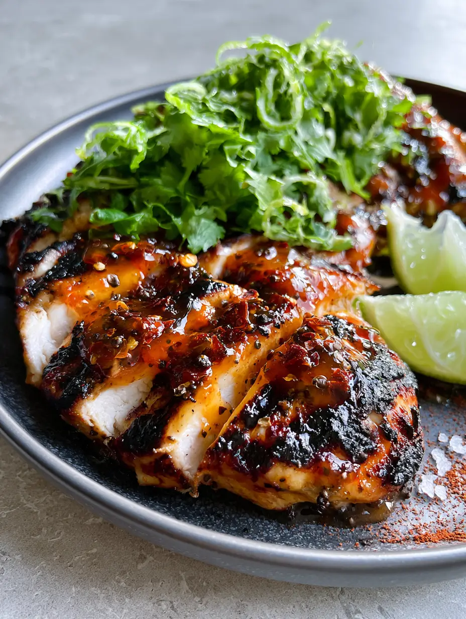 A macro close-up of sliced seared chicken breast coated in a vibrant amber-red Chili Lime Marinade glaze with visible red chili flakes and fresh cilantro.