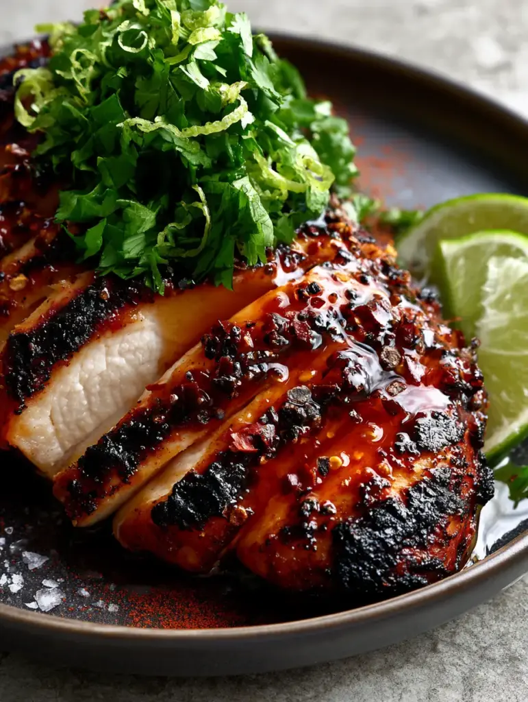Grilled chicken breast slices on a charcoal plate featuring dark grill marks, lime zest curls, and glistening juice droplets from the Chili Lime Marinade.