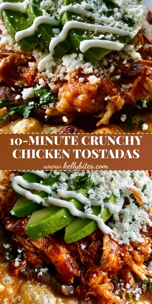 A single layered chicken tostada with a crispy fried tortilla, refried beans, shredded chicken, avocado, and crema on a stone background. (chicken tostadas)