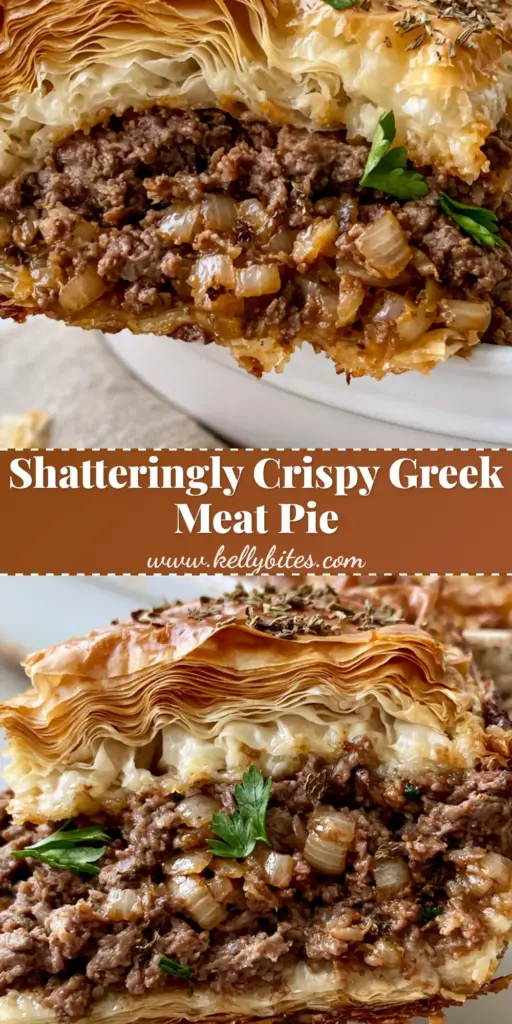 A close-up shot of a Greek Meat Pie (Kreatopita) slice being lifted from a white ceramic dish, showing golden-brown phyllo layers and a juicy beef center.