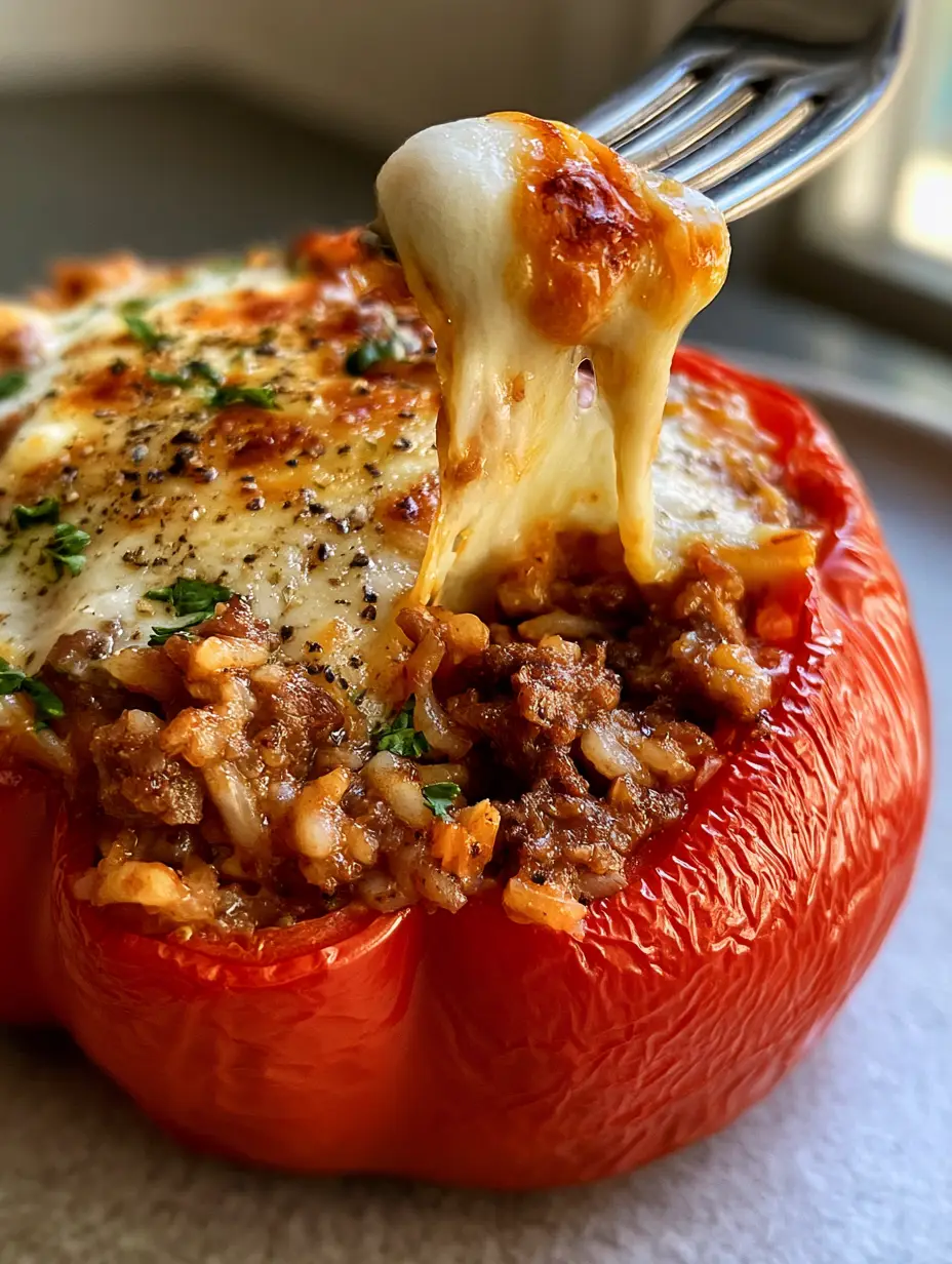 A macro handheld photo of a red bell pepper standing upright, stuffed with browned beef and rice, garnished with parsley. (stuffed peppers recipe)