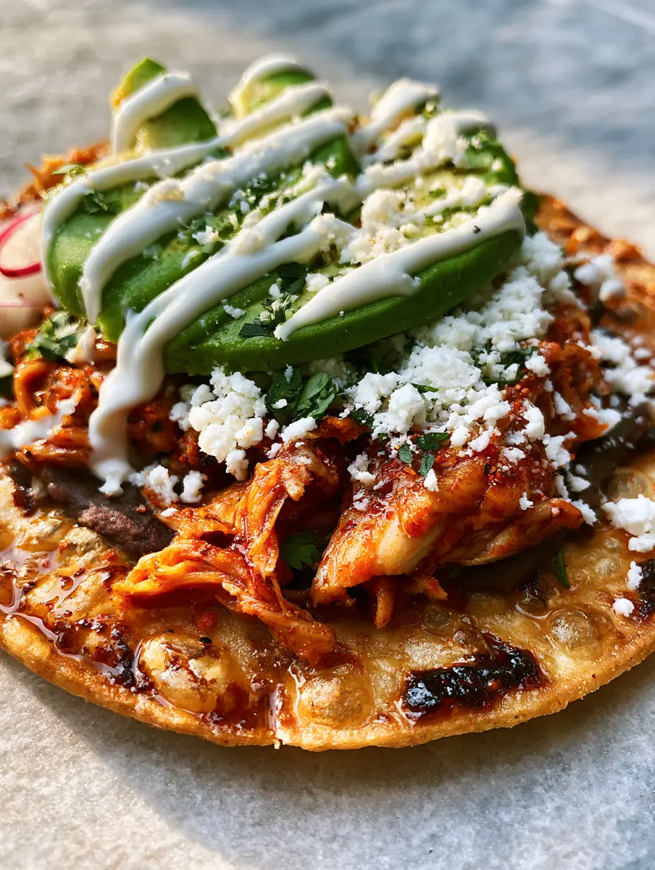 Close up photo of chicken tostadas showing the texture of the oily bubbles on the fried tortilla and the glistening reddish-orange chicken. (chicken tostadas)