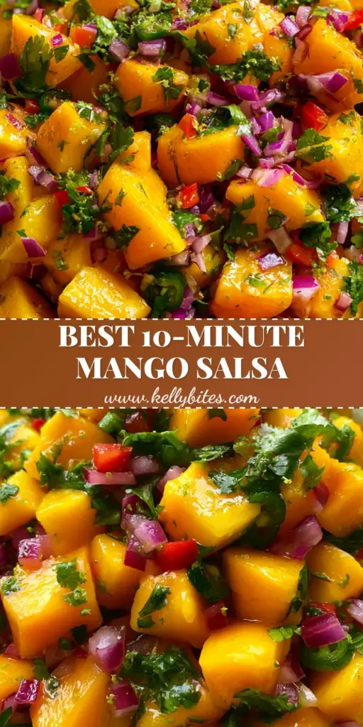 Overhead close-up of a rustic white bowl filled with vibrant Mango Salsa Recipe, featuring juicy mango cubes and red bell peppers in golden hour light.