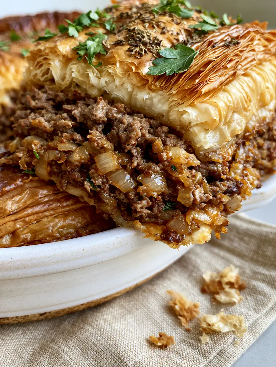 Side view of a thick Greek Meat Pie slice revealing dozens of buttered phyllo layers and savory ground beef with green parsley.