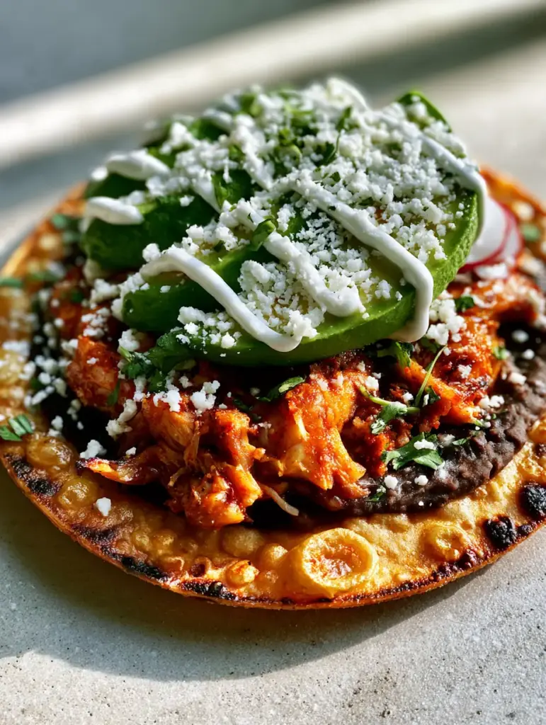 A hand holding a chicken tostada topped with avocado slices, zig-zag crema, and red radish rings. (chicken tostadas)
