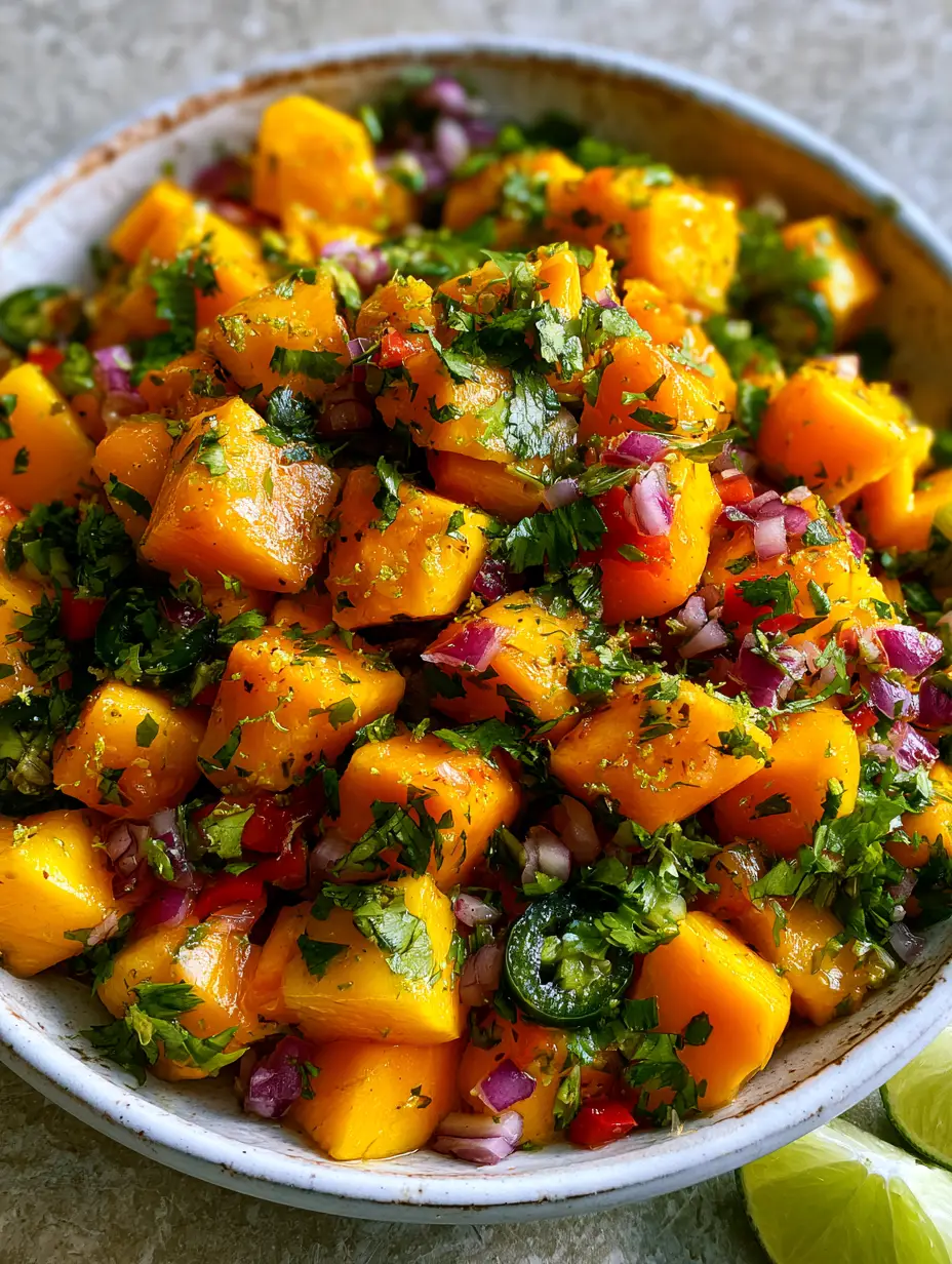 A close-up shot of juicy orange mango cubes and purple red onion in a Mango Salsa Recipe, showing a wet, glistening texture.