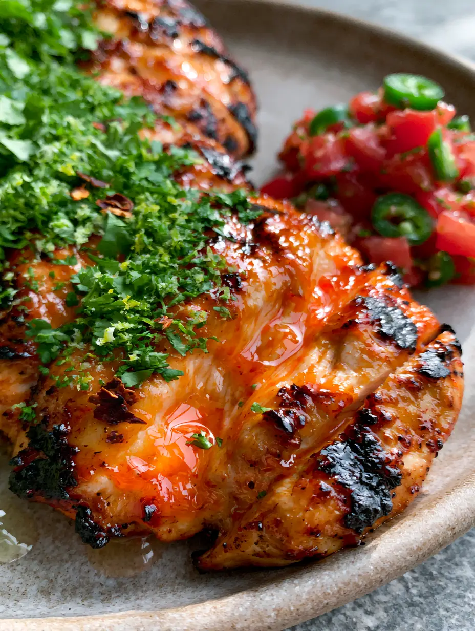 Extreme close-up of sliced grilled chicken showing juices between fibers and orange-red Mexican chicken marinade.