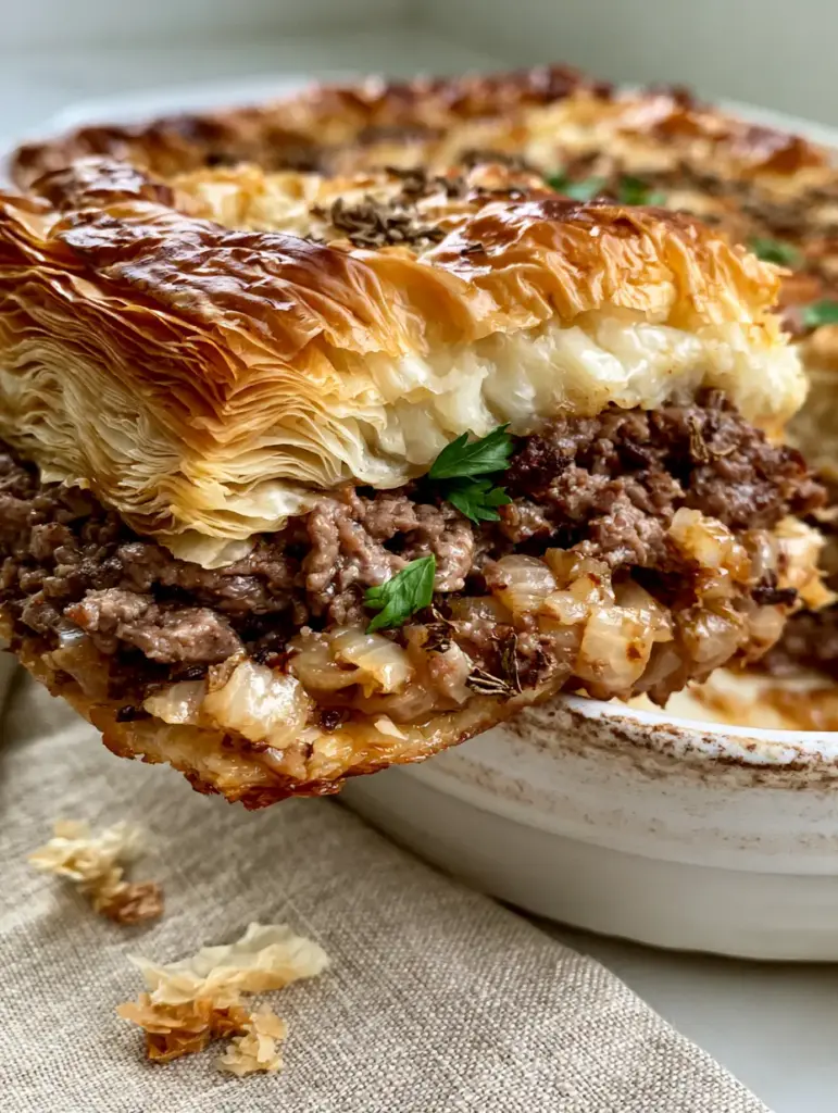 A top-down view of golden-brown buttered phyllo crust on a Greek Meat Pie in a rustic white dish.