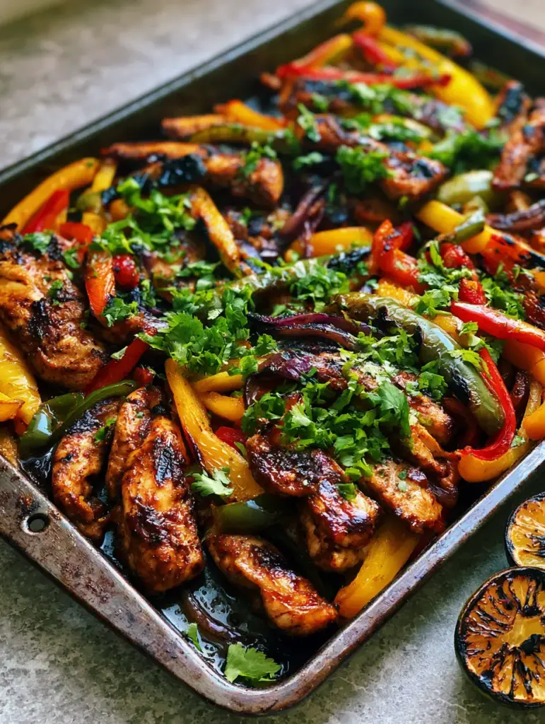 A heavy scatter of cilantro and lime droplets on sizzling chicken fajitas in a weathered pan.