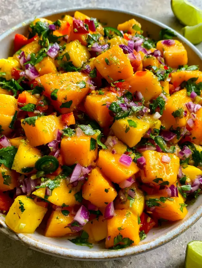 Overhead view of fresh Mango Salsa Recipe in a ceramic bowl with emerald cilantro and dark green jalapeno slices.
