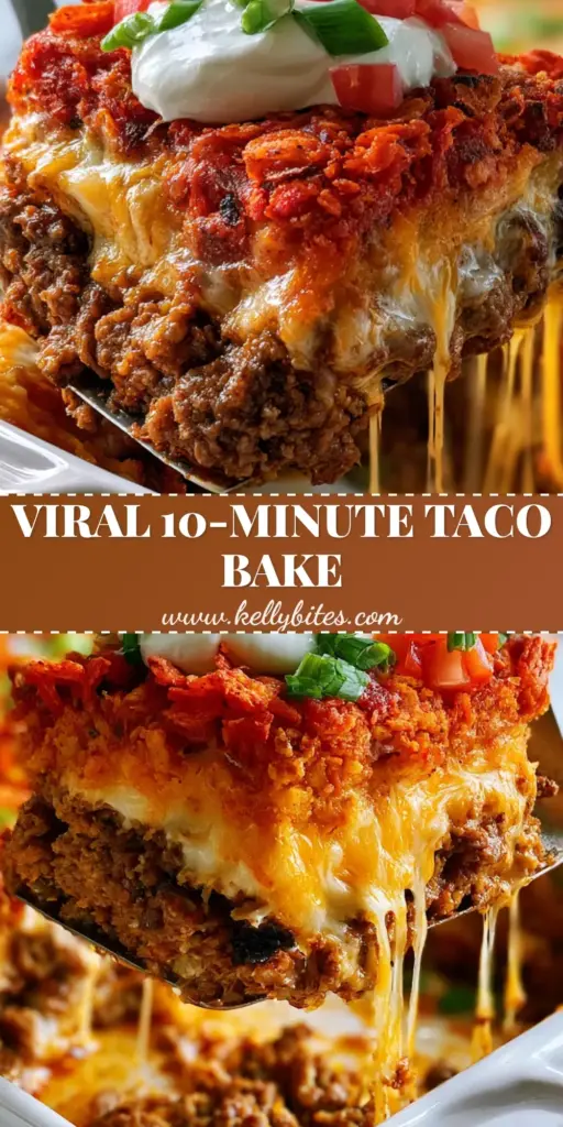 A close-up of a taco casserole square being lifted with a metal spatula, showing melted cheese pulls and crunchy chip crust.