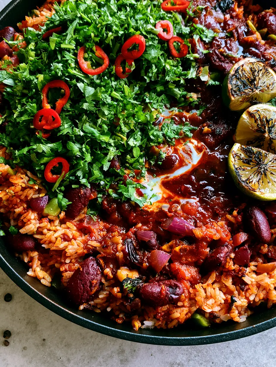 Close up of glossy red kidney beans and jasmine rice in a cast iron skillet with charred peppers. (Kidney Beans and Rice Skillet)
