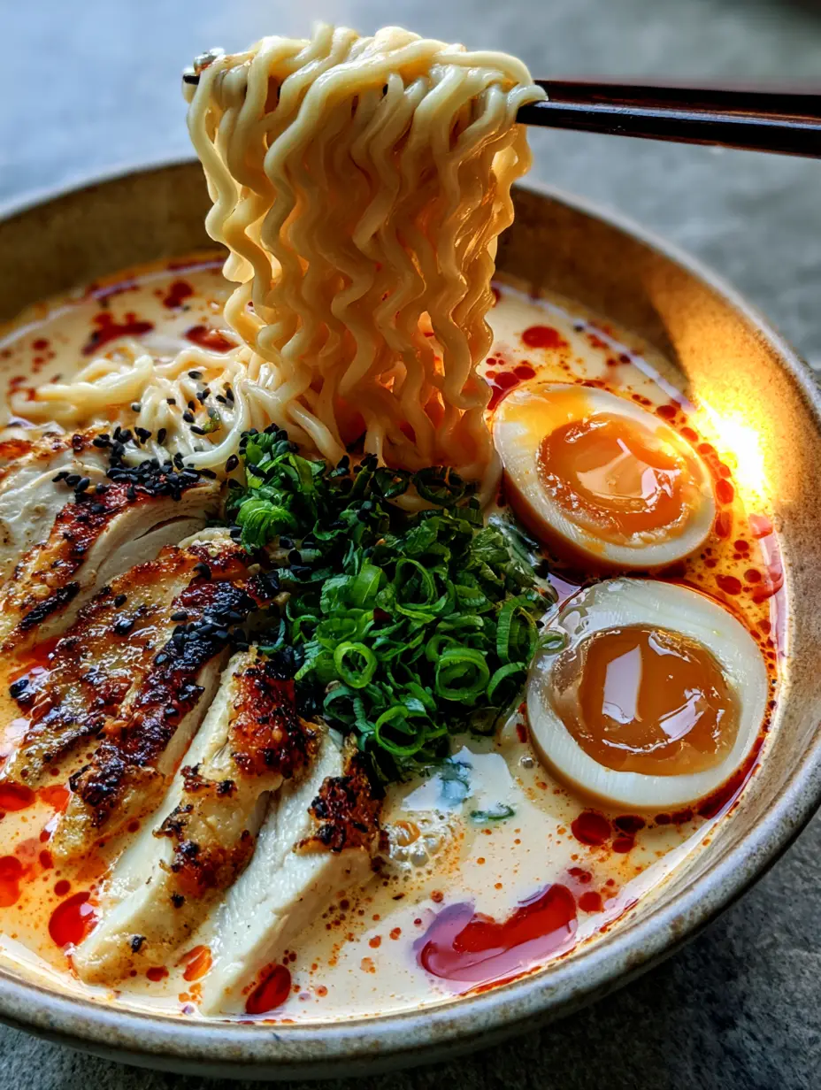 Extreme macro close-up of wavy ramen noodles lifted by chopsticks from a velvety orange spicy chicken ramen soup broth with visible chili oil droplets.