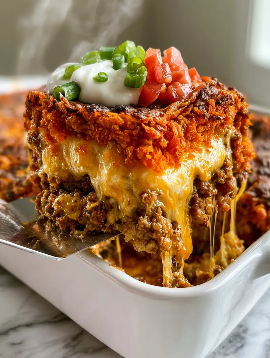 A smartphone-style photo of a walking taco casserole in a white ceramic dish with green scallions and red tomatoes.