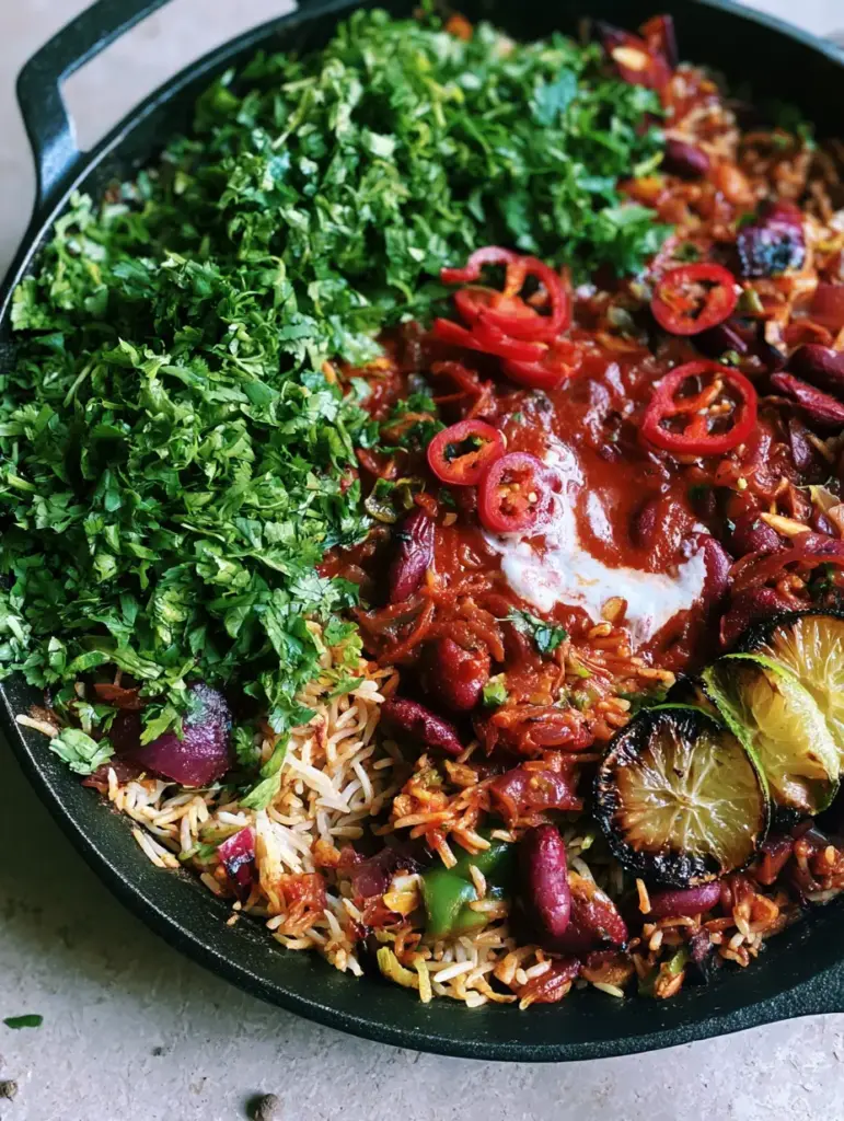 Kidney Beans and Rice Skillet garnished with red serrano chilies and a swirl of lime crema.