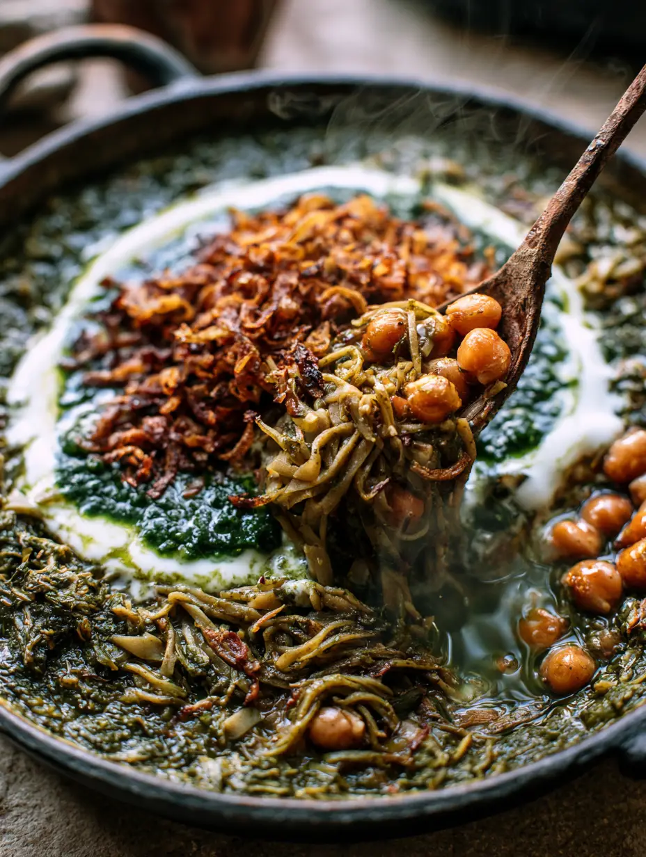 Close-up of a rustic pot containing Persian Soup Recipe with tangled noodles, green herb broth, and golden onions. (Persian Soup Recipe)