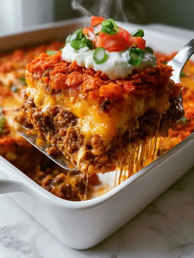 Internal layers of a taco casserole featuring seasoned beef crumbles and thick melted cheese.