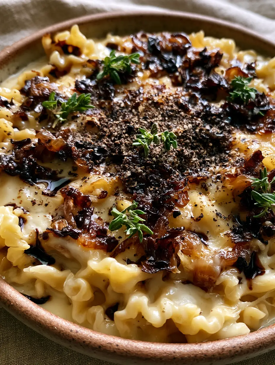 Macro view of velvety Caramelized Onion Pasta showing al dente mafaldine ribbons and glossy balsamic onions.