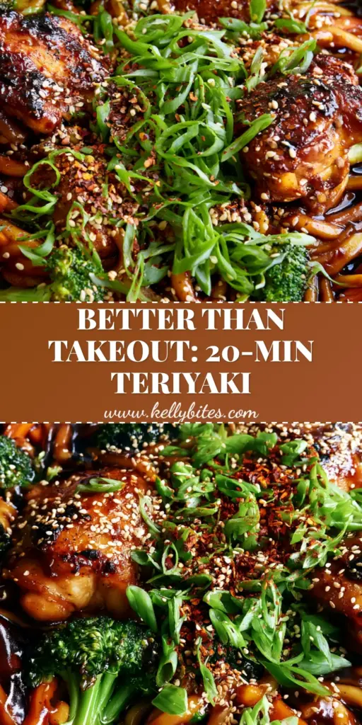 A rustic cast iron skillet filled with glossy Chicken Teriyaki Noodles, charred chicken chunks, broccoli, and carrots, garnished with sesame seeds and scallions.