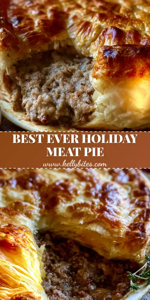 A close-up of a French Meat Pie with a flaky golden crust, served with a side of cranberry sauce and a sprig of thyme. (French Meat Pie)