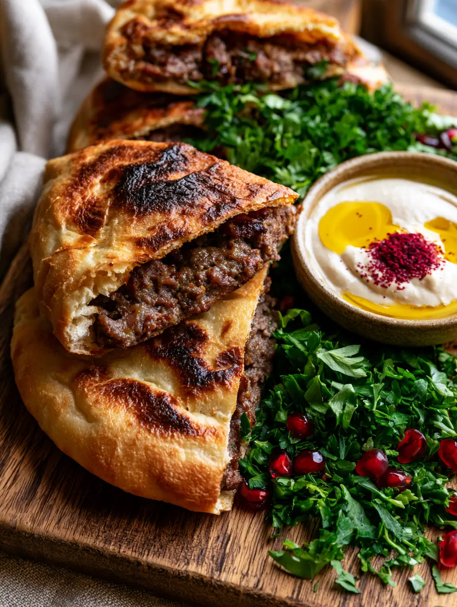 High-angle view of Lebanese Arayes showing perfectly golden-brown char marks and juicy meat filling.