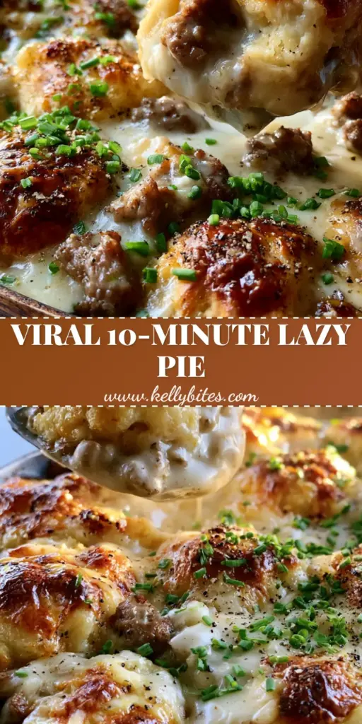 A bubbling Biscuits and gravy pie in a cast iron skillet with golden-brown biscuit tops and fresh chives.