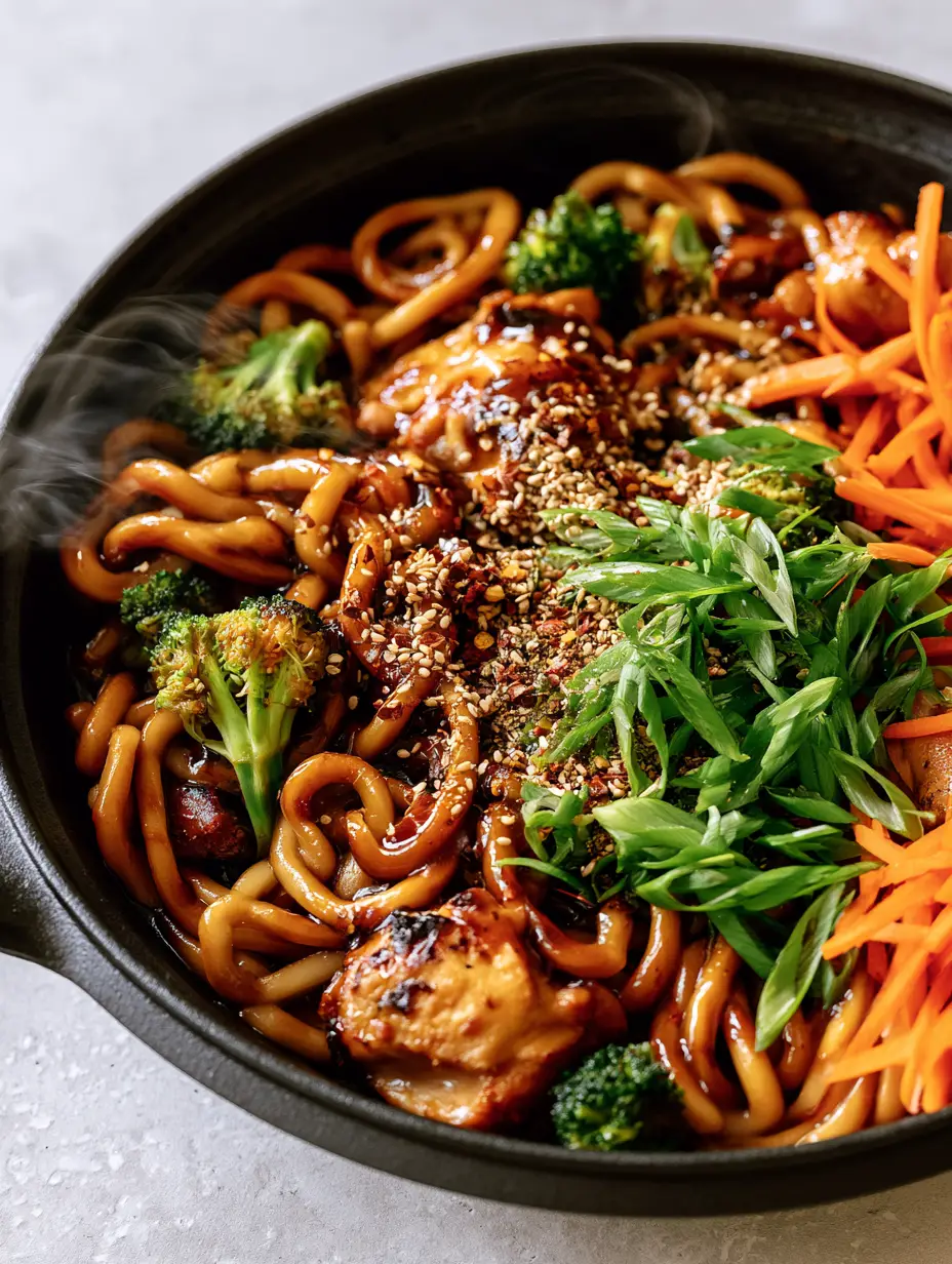 Top-down close-up of glossy Chicken Teriyaki Noodles with bouncy udon, charred chicken, and vibrant vegetables in a cast iron pan.