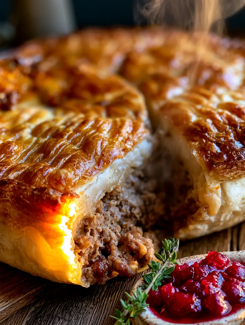 Handheld photo showing a slice removed from a French Meat Pie, revealing steaming minced beef and pork filling. (French Meat Pie)