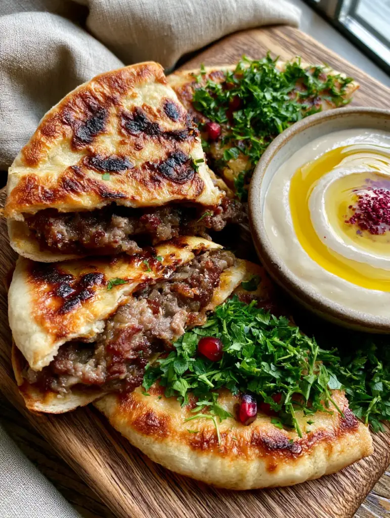 Sliced Lebanese Arayes triangles garnished with fresh parsley and pomegranate seeds next to a tahini dip.