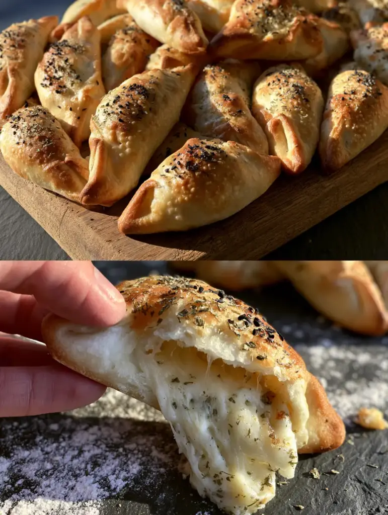 Split screen view of a dozen cheese fatayer on a board and a close-up of the gooey cheese stretch.