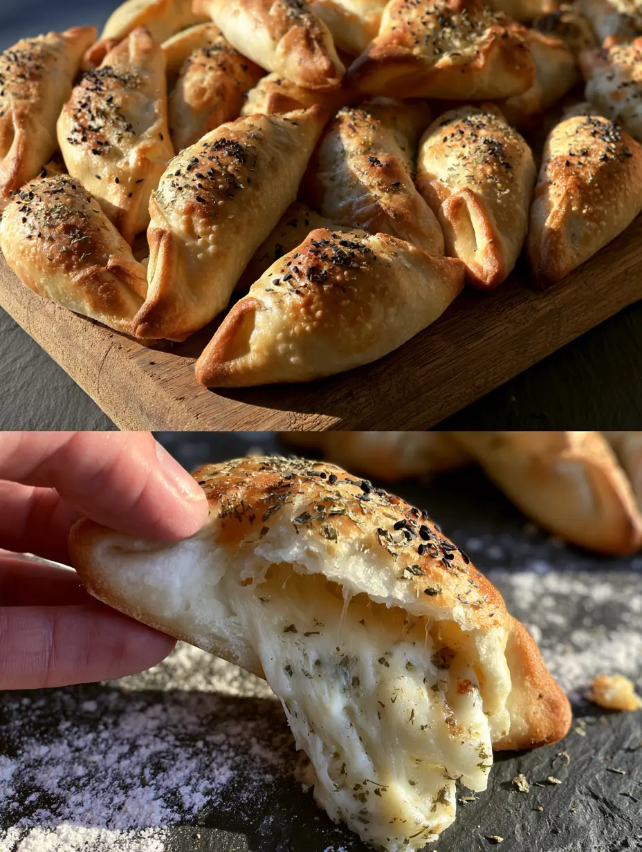 Split screen view of a dozen cheese fatayer on a board and a close-up of the gooey cheese stretch.