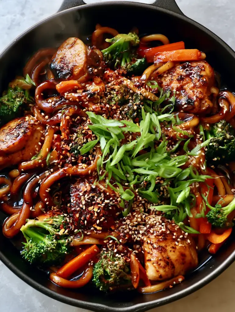 Detailed shot of golden-seared chicken thighs and bright green broccoli nestled among thick teriyaki noodles.