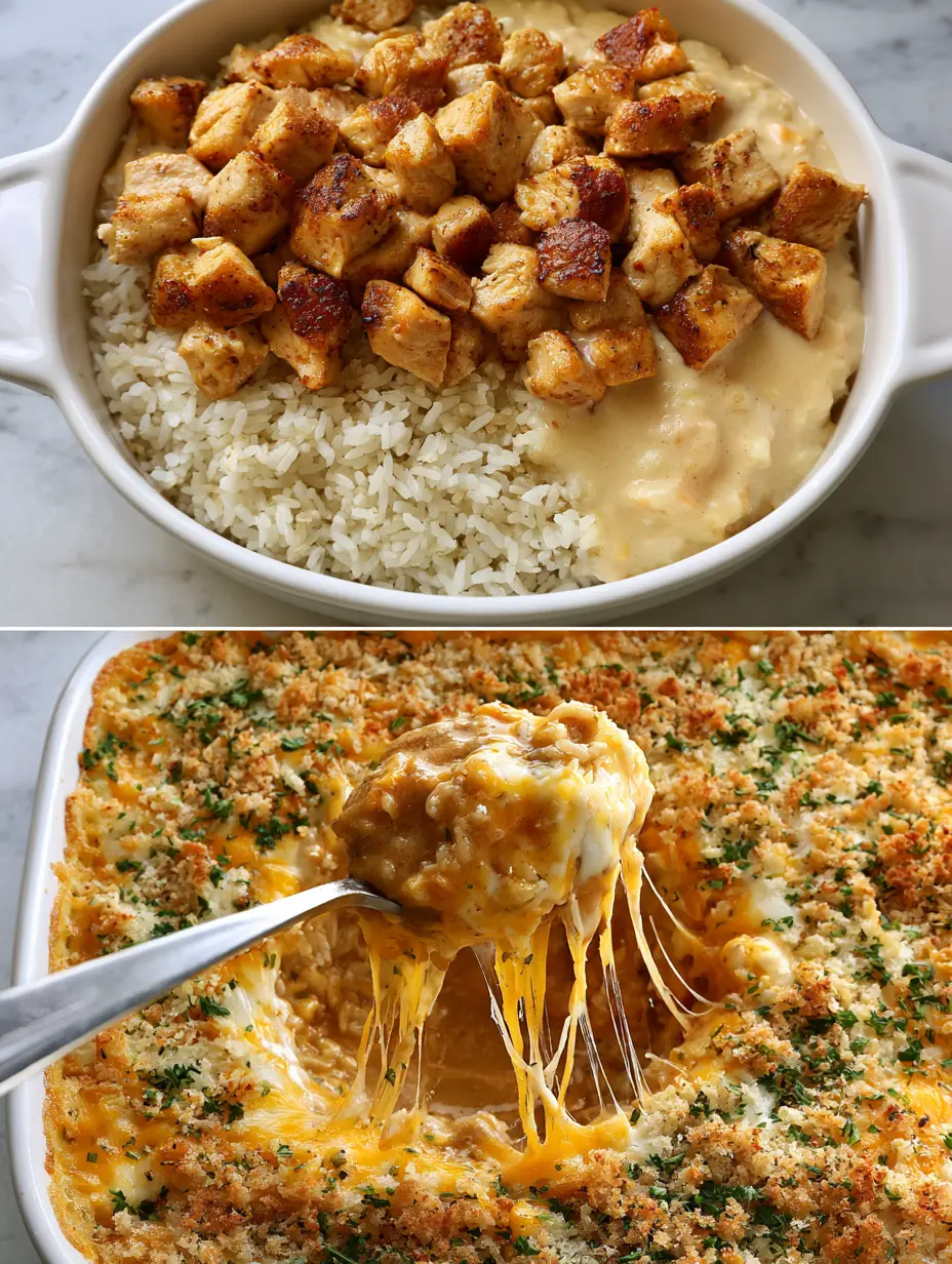 Split screen showing chicken casserole assembly with seared chicken and rice on top, and the finished bubbling cheese bake on the bottom.