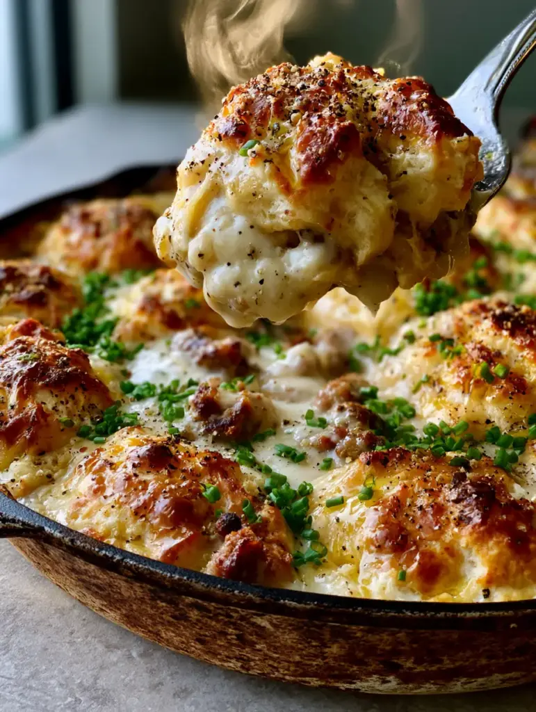 A close-up shot of pull-apart buttermilk biscuits on a Biscuits and gravy pie with shimmering butter glaze.