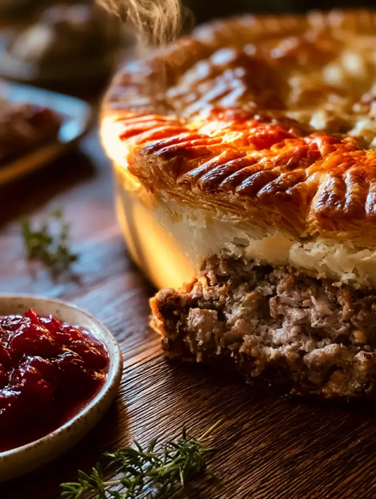 A rustic ivory ceramic dish holding a French Meat Pie on a dark oak wooden table with steam rising.