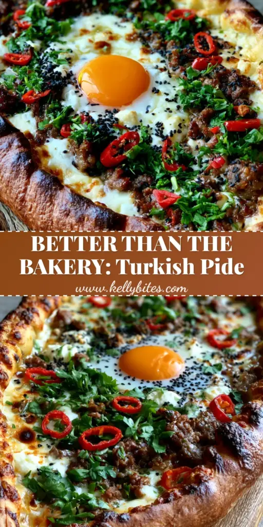 A close-up shot of a Turkish Pide boat-shaped flatbread with charred edges, spiced lamb, melted cheese, and a glossy runny egg yolk on a wooden board.