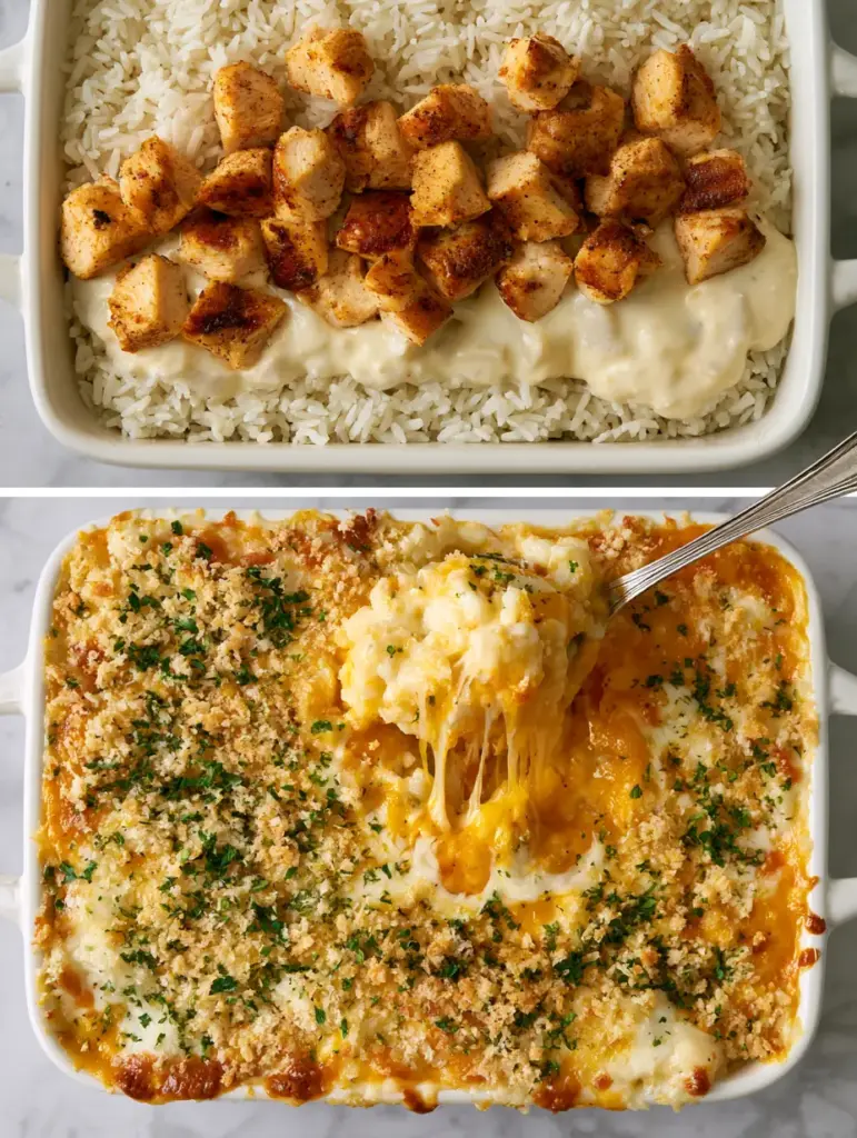A high-angle shot of a silver spoon lifting a portion of chicken casserole, showing melted sharp cheddar and mozzarella strings.