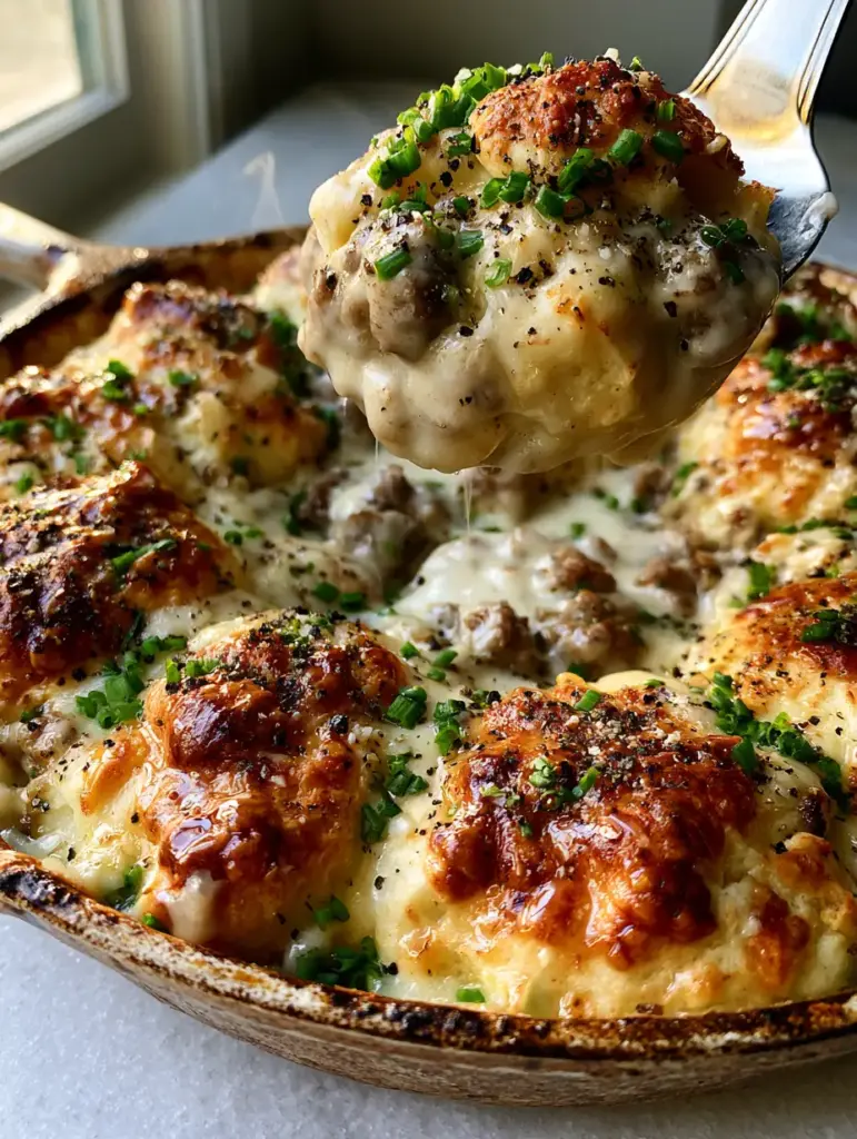 A silver server lifting a steaming portion of Biscuits and gravy pie revealing a doughy interior.