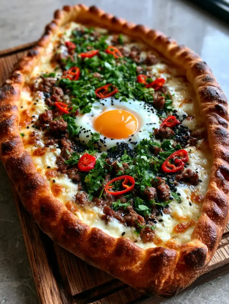 Top-down view of the Pide filling: molten mozzarella, crumbled feta, and spiced ground lamb with red Aleppo pepper slices.