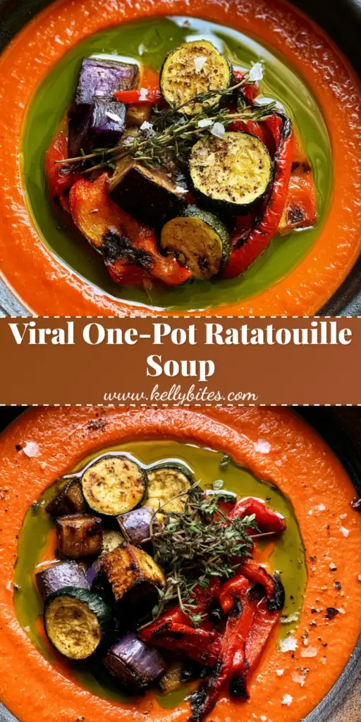 A close-up shot of a rustic matte-cream bowl filled with velvety ratatouille soup, garnished with charred eggplant and zucchini rounds in soft afternoon light.