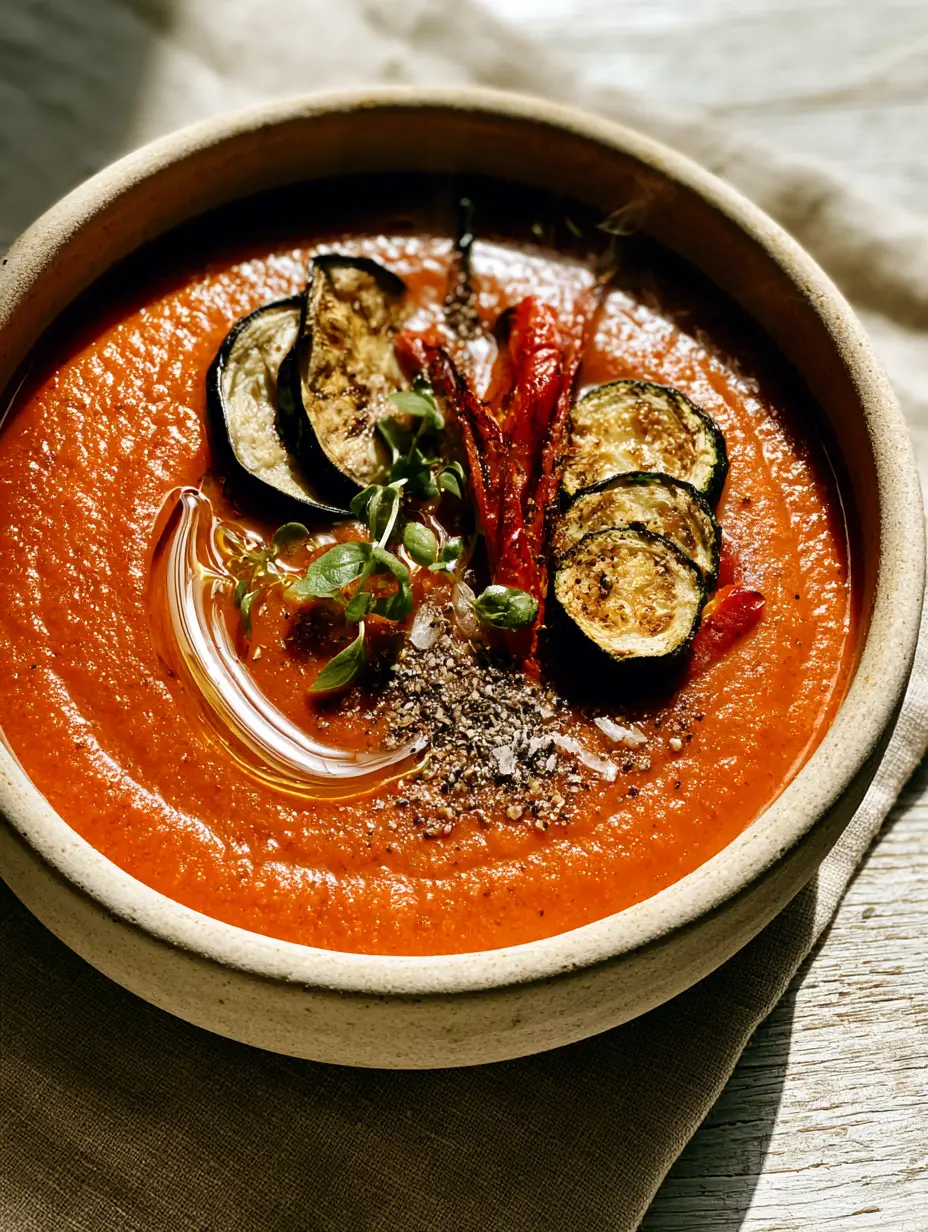 Top-down shot of a thick deep-orange ratatouille soup in a stoneware bowl with a spiral of olive oil and fresh basil.