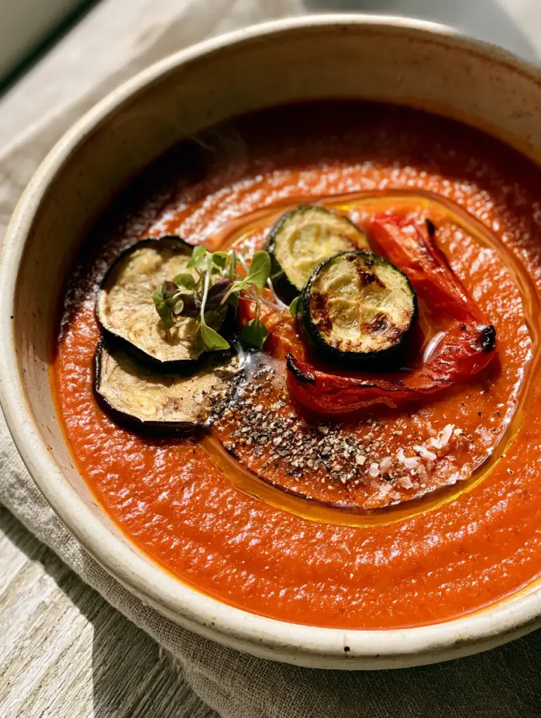 Close-up of charred eggplant and zucchini rounds artfully arranged on top of a vibrant red ratatouille soup.