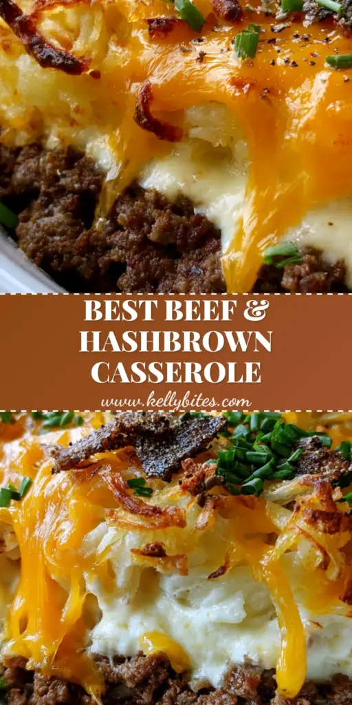A serving of beef and hashbrown casserole with golden crispy potatoes and bubbling cheese in a ceramic dish.